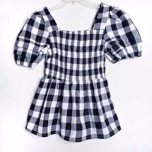 Grace + Karma Black & White Smocked Gingham Plaid Peplum Top Women's Size Medium